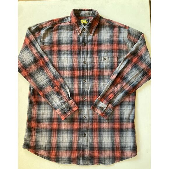 Work n’ Sport Men’s Flannel Shirt L Red Gray Black Plaid Button-Up 100% Cotton - Picture 1 of 9